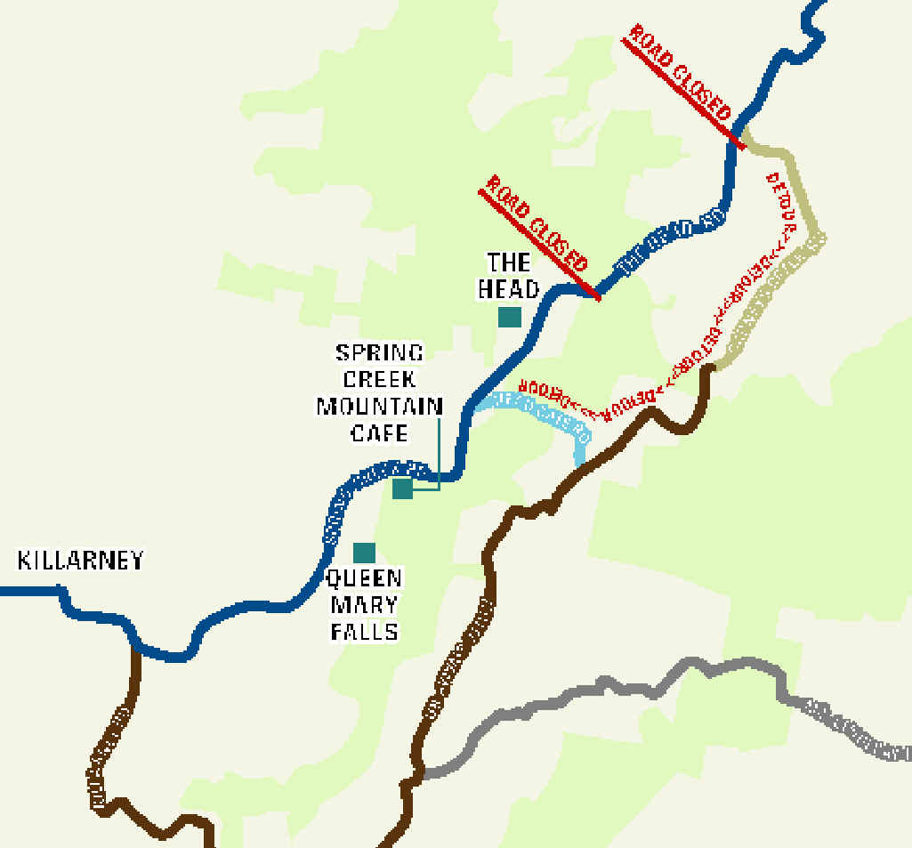 The Head Rd has been closed since the Australia Day floods and tourists are not impressed with the gravel detour to get from Boonah to Killarney.